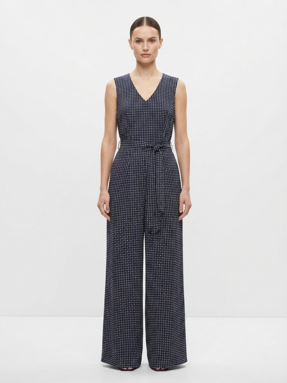 Calvin Klein 12 Navy Dot Wide Leg Jumpsuit Long Formal Resort Vacation
